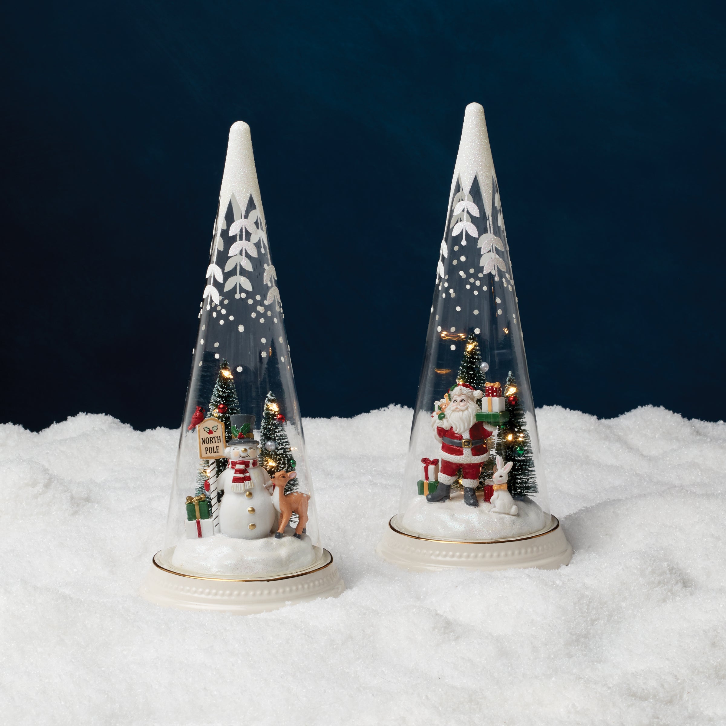 Lit Christmas Cone With North Pole Snowman Scene